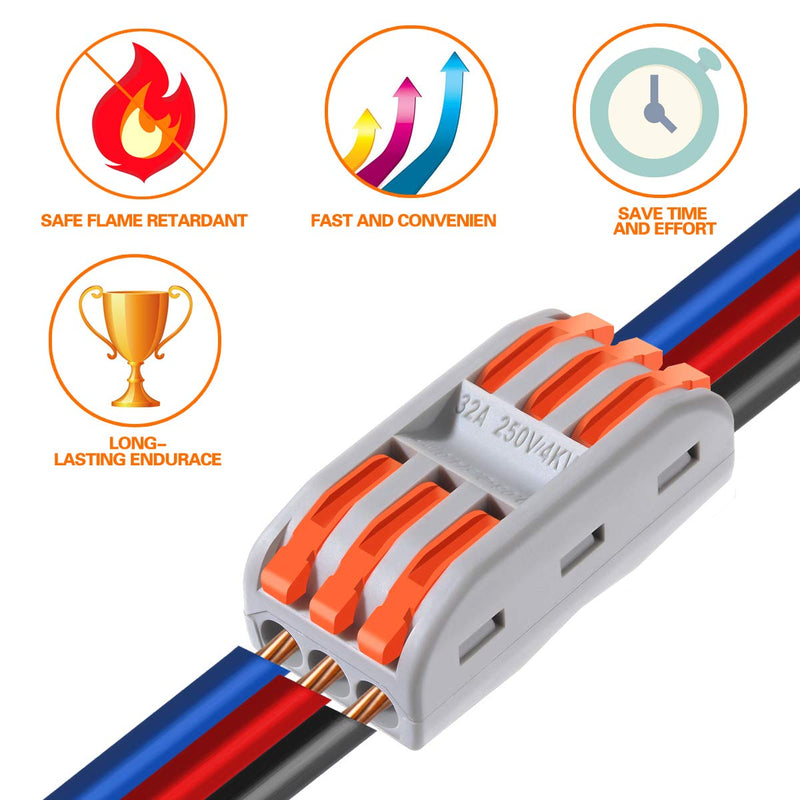 XHF Conductor Compact Connectors Lever Wire Nut with Fixed Base, Electrical Connectors Wire Terminals for 2 Circuit Inline Splices 28-12 AWG (SPL-3, 50PCS) 50 Piece spl-3