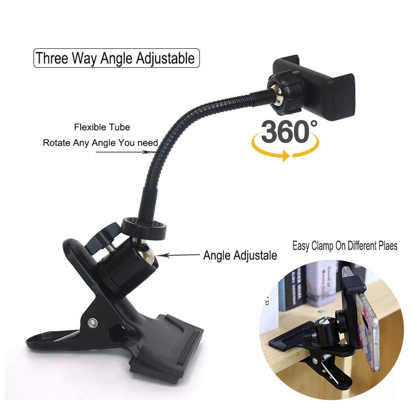 Cell Phone Clip On Stand Holder with Grip Flexible Long Arm Gooseneck Bracket Mount Clamp 360 Degrees Rotate Compatible with Smartphone width 2.16-3.1 in Livestream Phone Holder Used for Desktop