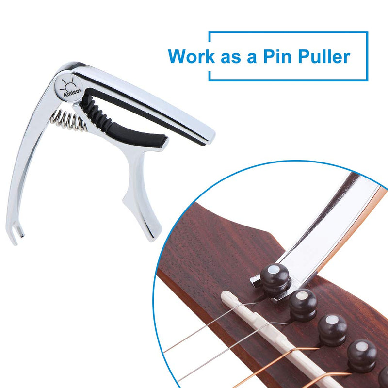 Alnicov Guitar Capo Clip Tuning Clamp Trigger with Peg Puller Tool for Acoustic and Electric Guitars Bass Ukulele Accessories (3 Colours Available) silver