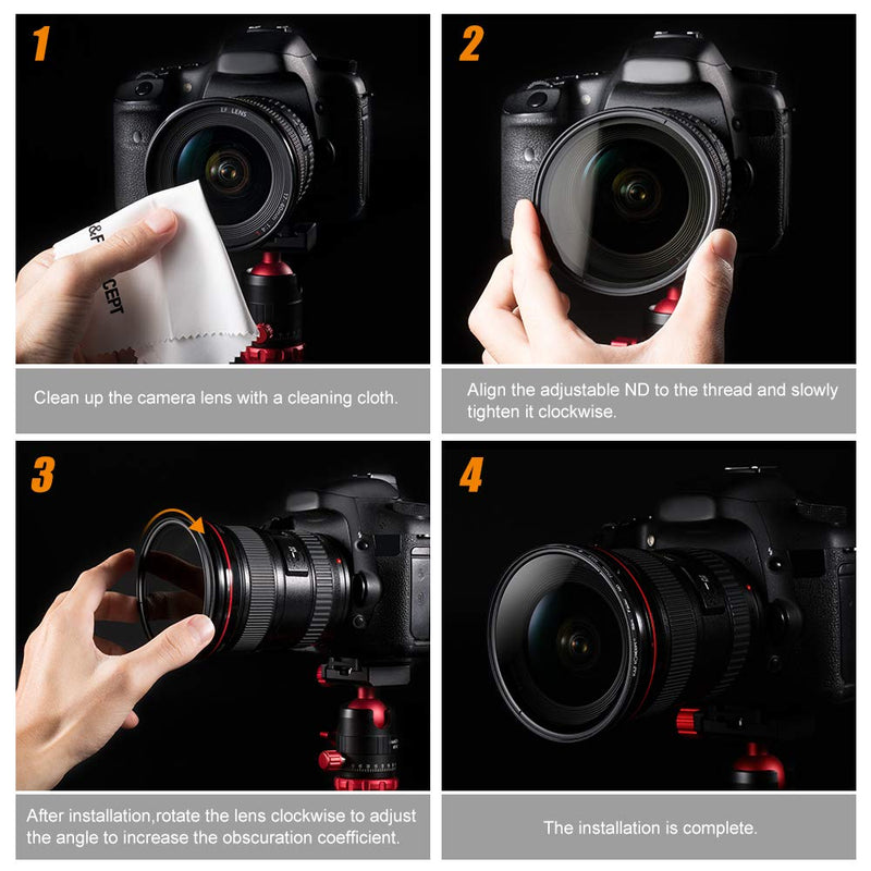 K&F Concept 82mm Variable ND Filter Ultra Slim Fader Variable Neutral Density ND2-ND400 Optical Glass with Lens Cleaning Cloth