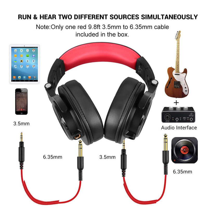 OneOdio DJ Headphones, Over Ear Headphones for Studio Monitoring and Mixing, Professional Headset with Stereo Bass Sound, Foldable Headphones Suitable for Electric Drum Keyboard Guitar Amplifier Red