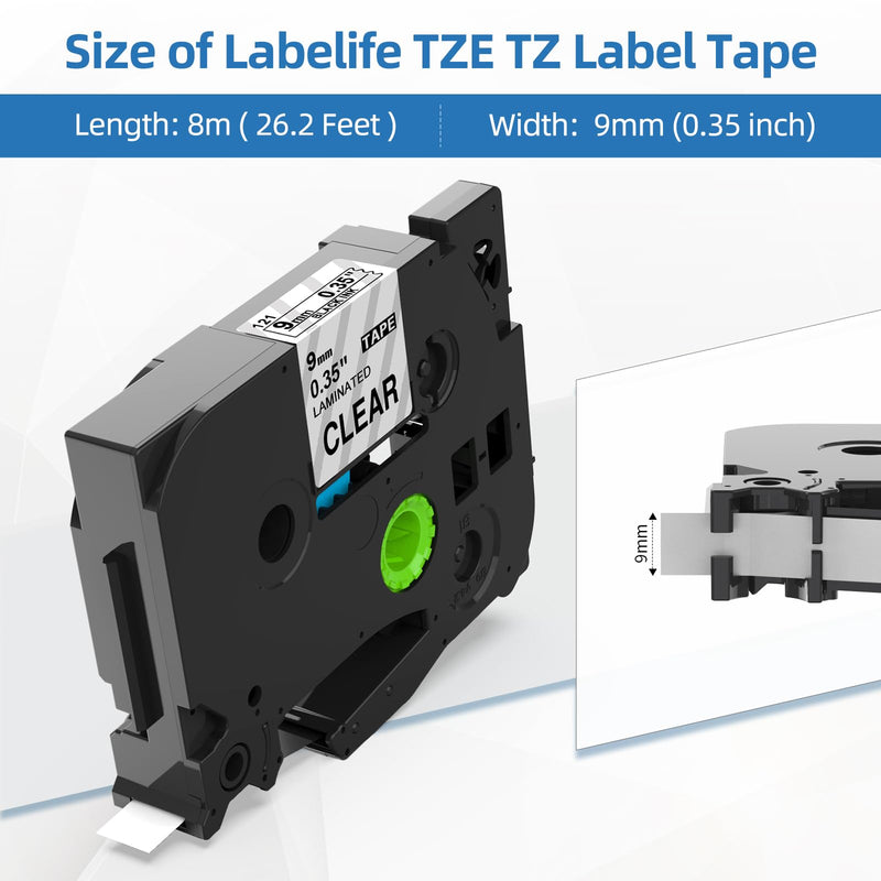 Labelife Ptouch TZe-121 Compatible with Brother TZe TZ Tape 9mm 0.35 Laminated Clear TZe121 TZ-121 Label Maker Tape for Brother P Touch PTD210 PTD220 PTD400 PTD600 PTH110 PT-P710BT, 4-Pack 9mm 0.35''