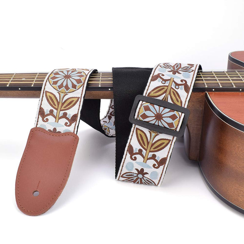 Guitar Strap Acoustic Electric Bass Guitar Leather Ends For Men Women With Jacquard Fabric Pattern White Brown Woven