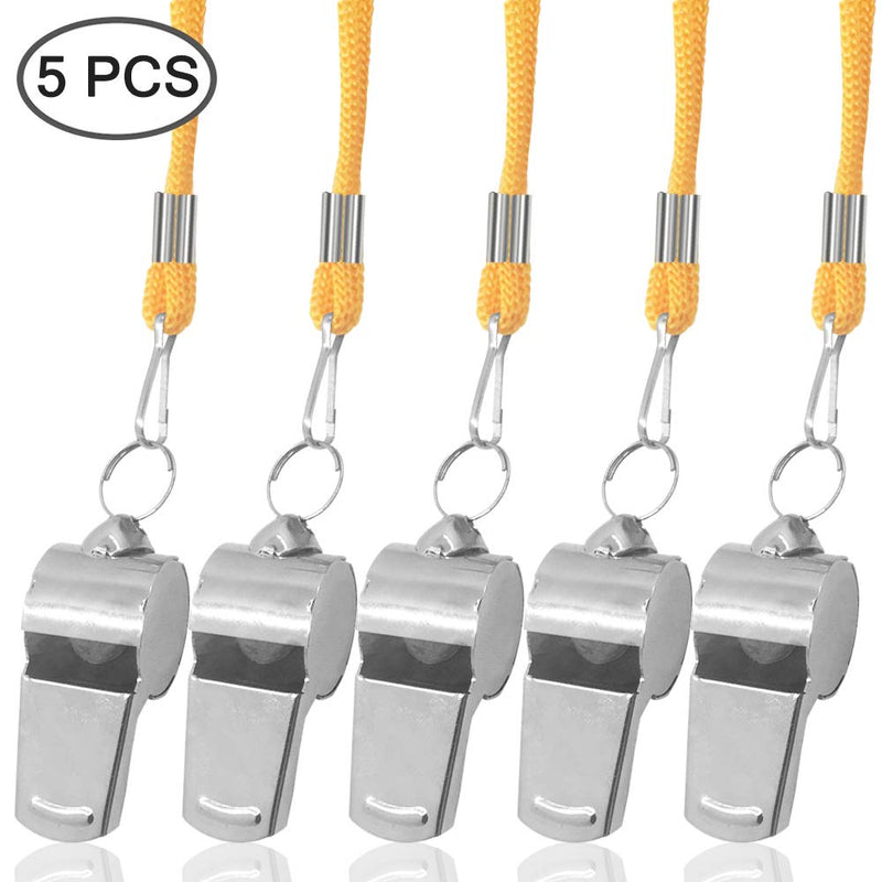 FineGood 5 pcs Stainless Steel Whistle, Loud Metal Whistle with Yellow Lanyard for Referees Coaches Lifeguards Survival Emergency Football Basketball Soccer Hockey