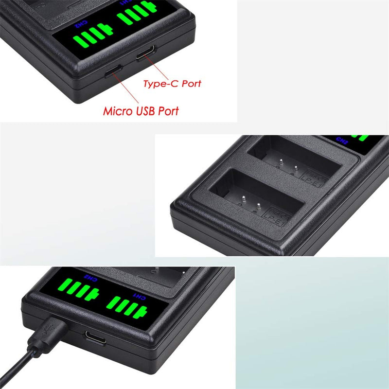 [AUSTRALIA] - LP-E10 LPE10 Battery and LED USB Dual Charger with Type C Port Replacement for Canon EOS Rebel T6 T5 T7 T3 EOS 1200D 1100D 1300D 1500D 2000D 3000D Rebel KISS X50 X70 X80 X90 2 battery +LED Charger 