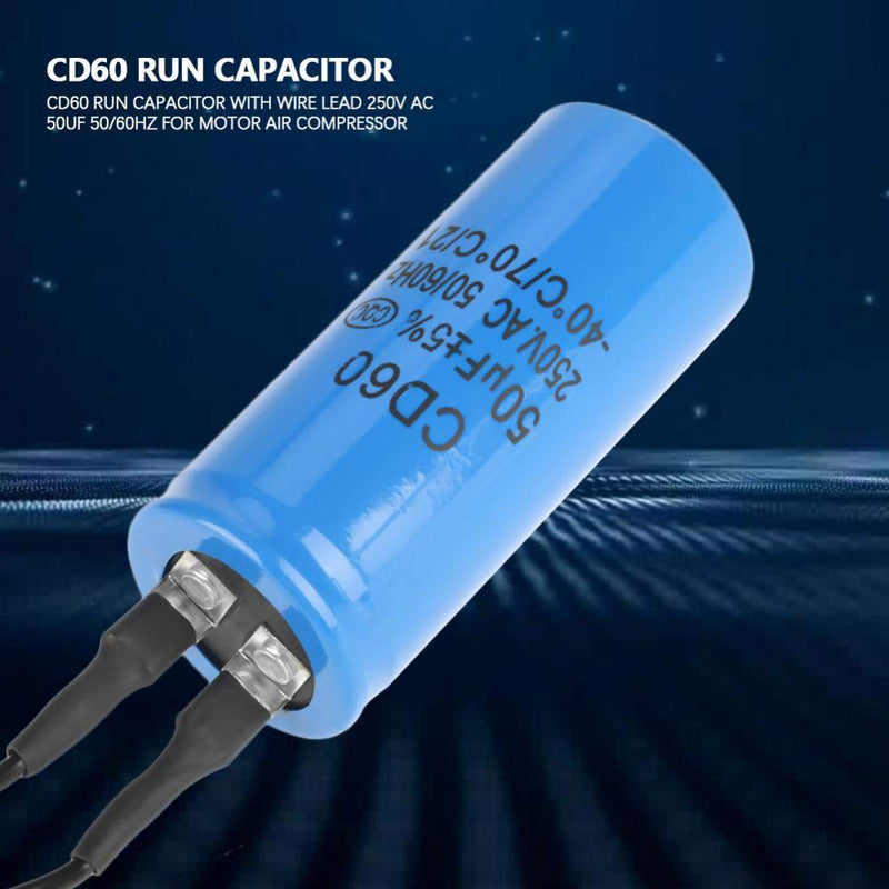 YWBL-WH CD60 Run Capacitor with Wire Lead 50uF 250V AC 50/60Hz for Motor Air Compressor Metallized Polypropylene Film