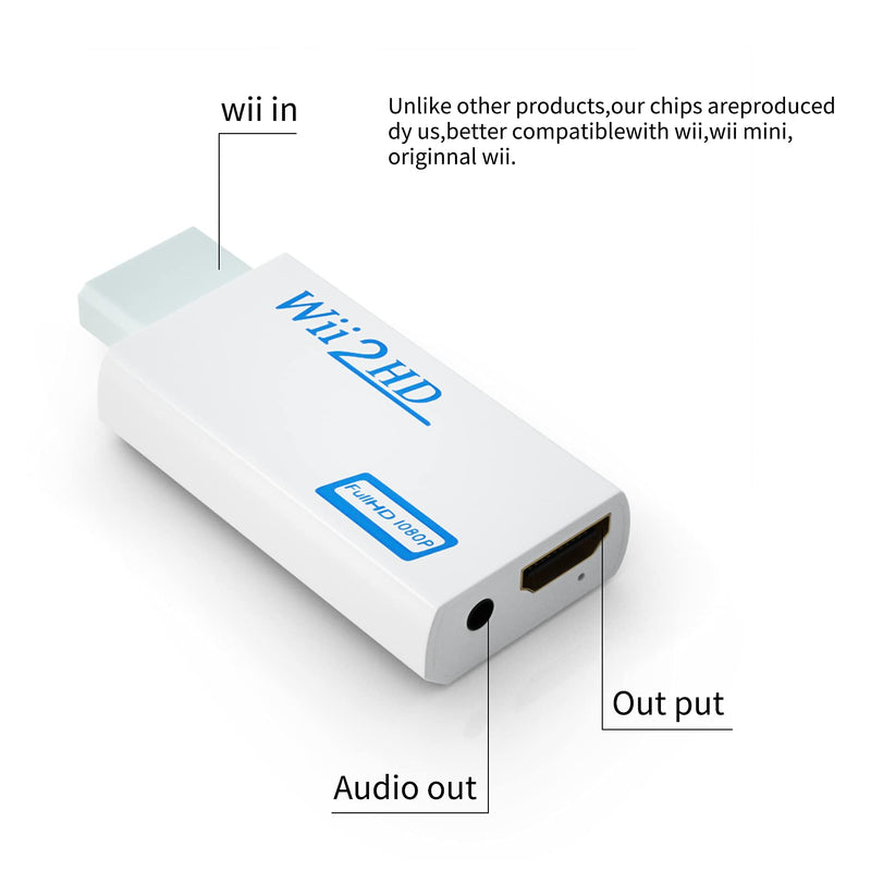 BolAAzuL Wii to HDMI Converter Wii to HDMI Adapter, Wii 2 HDMI Connector White Wii in HDMI Out Video Converter & 3.5mm Audio Output for Wii to HDMI HDTV Out