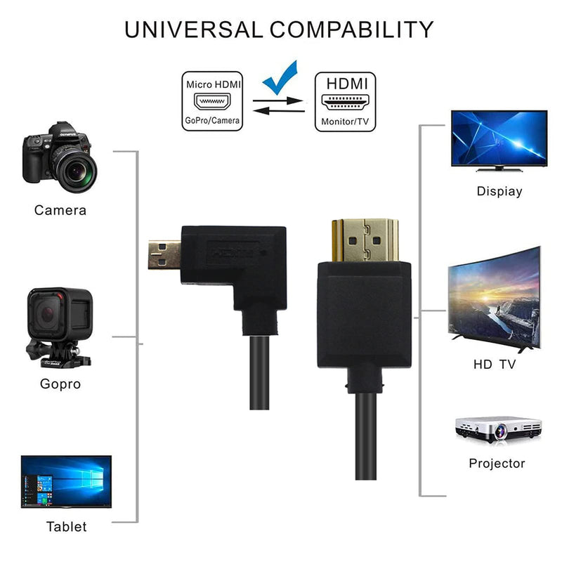 MOTONG Standard 4K HDMI 2.0 to Micro HDMI Cable, Coiled Micro HDMI Male 90 Degree Right Angle to HDMI 2.0 Male Cable Cord 4K@60Hz(1.2M, M to M Right Angle) 1.2M