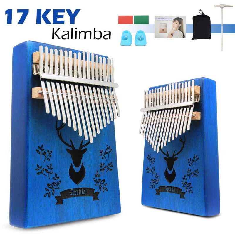 Apelila 17 Key Kalimba Thumb Piano, Solid Mahogany Wood Body Finger Piano with Tune Hammer,Carry Bag,Pickup,Key Stickers (Blue Deer) Blue Deer