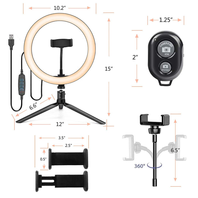 Kemier Ring Light with Tripod Stand and Phone Holder,10 Inch Dimmable Desktop LED Camera Ring Light for Makeup/Live Stream/YouTube Video/Selfie Photography Compatible with iPhone/Android