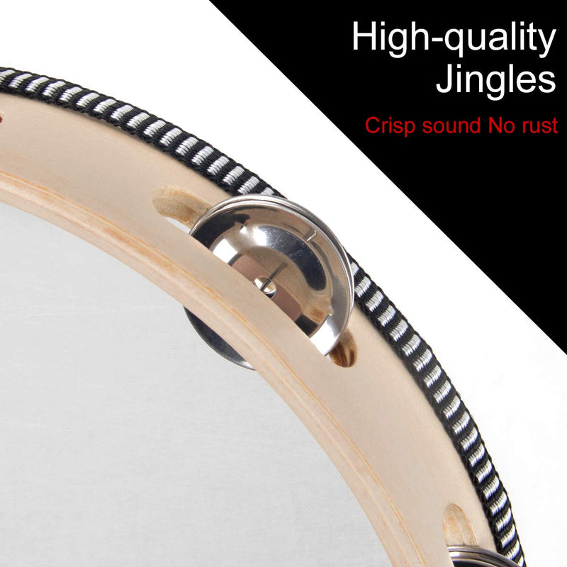 Kmise Wood Handheld Tambourine 10" Inch Single Row 8 Pair Bell Birch Metal Jingles Hand Held Percussion Drum for Kids Adults Classroom Church KTV Party Gift