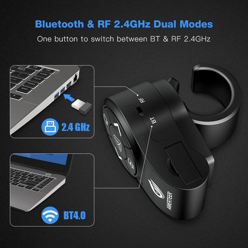 AMERTEER Bluetooth Wireless Presenter, RF 2.4GHz Presentation Clicker, Finger Ring Remote PowerPoint PPT Slides Rechargeable BT