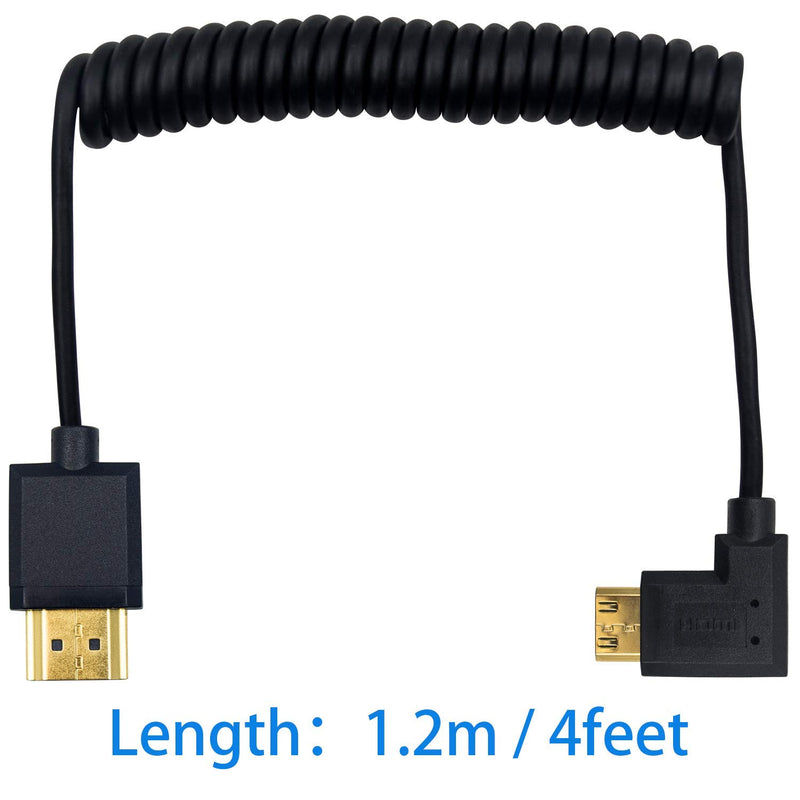 Duttek Mini HDMI to Standard HDMI Cable, Mini HDMI to HDMI Coiled Cable, Ultra-Thin Left Angled HDMI Male to Mini HDMI Male Coiled Cable Support 4K Ultra HD, 1080p, 3D (HDMI 2.0) (1.2M/4FT) Left Angled 1.2M