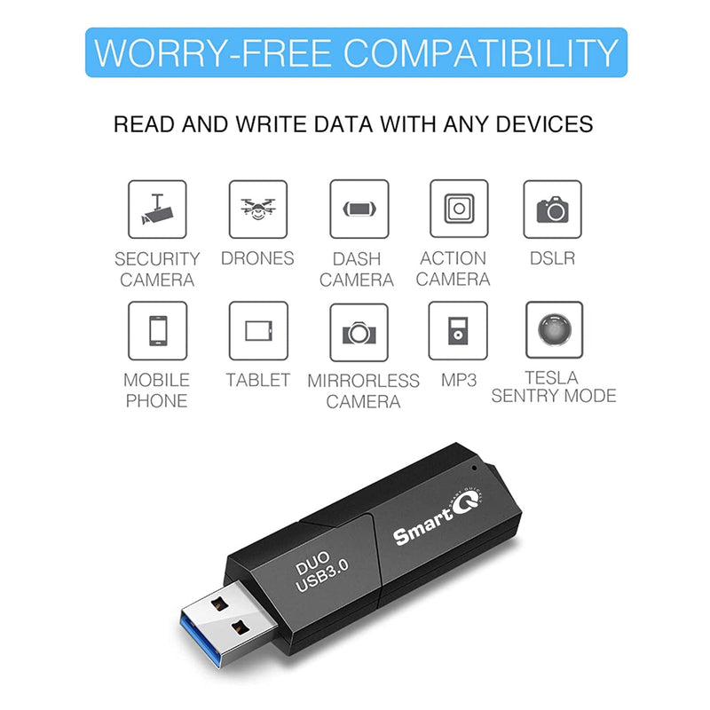 SmartQ C307 DUO SD Card Reader Portable USB 3.0 Flash Memory Card Adapter Hub for SD, Micro SD, SDXC, SDHC, MMC, Micro SDXC, Micro SDHC, UHS-I for Mac, Windows, Linux, Chrome, PC, Laptop, Switch (Duo)