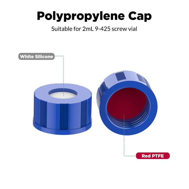 Autosampler Vials, Membrane Solutions 2ml HPLC Vials, 9-425 Lab Clear Vials with Write-on Spot and Graduations, 9mm Blue ABS Screw Caps & Septa for GC Sample Vials, 100 Pcs 100pcs Clear Vial & Red PTFE septa