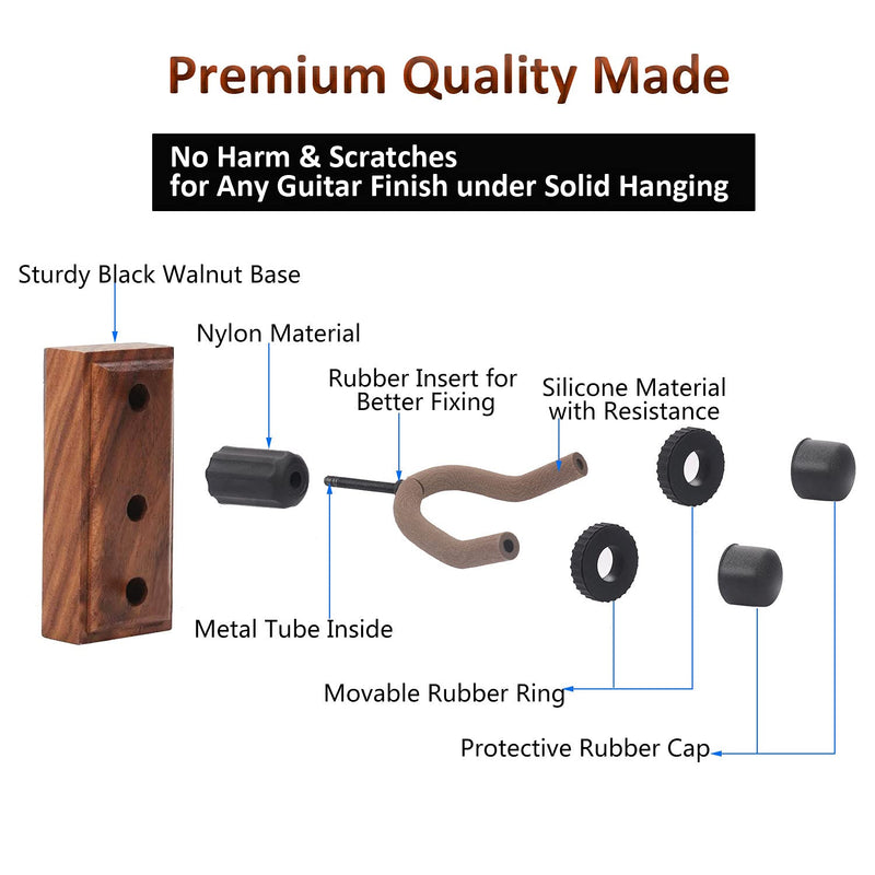 WINGO Guitar Hangers Wall Mounts Holder Stand for Acoustic Electric Guitar Bass Ukulele –WINGO Black Walnut Wood WH-08BW-2 (2 Pack)) Brown