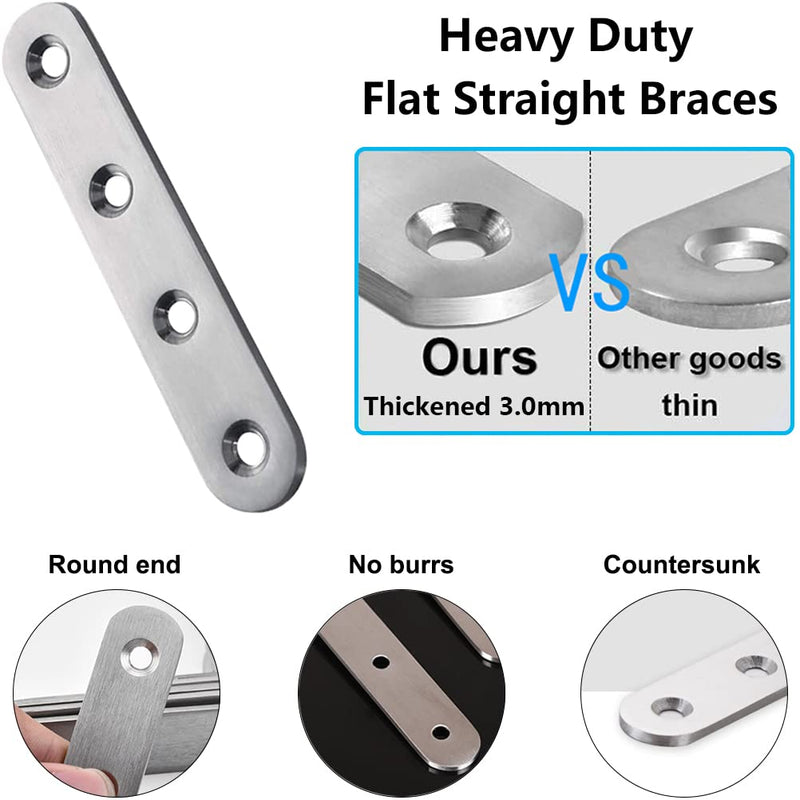 YEWLACA 8 Pack Flat Straight Brace Brackets 4 Inch Stainless Steel Mending Plates Repair Fixing Brackets Heavy Duty Straight Repair Joining Plates with Screws 4 Inch (8 pack)