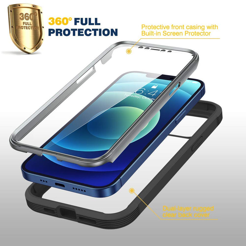 Diaclara Designed for iPhone 12/12 Pro Case, Full Body Rugged Case with Built-in Touch Sensitive Anti-Scratch Screen Protector, Soft TPU Bumper Case for iPhone 12/12 Pro 6.1" (Black and Clear) Black and Clear