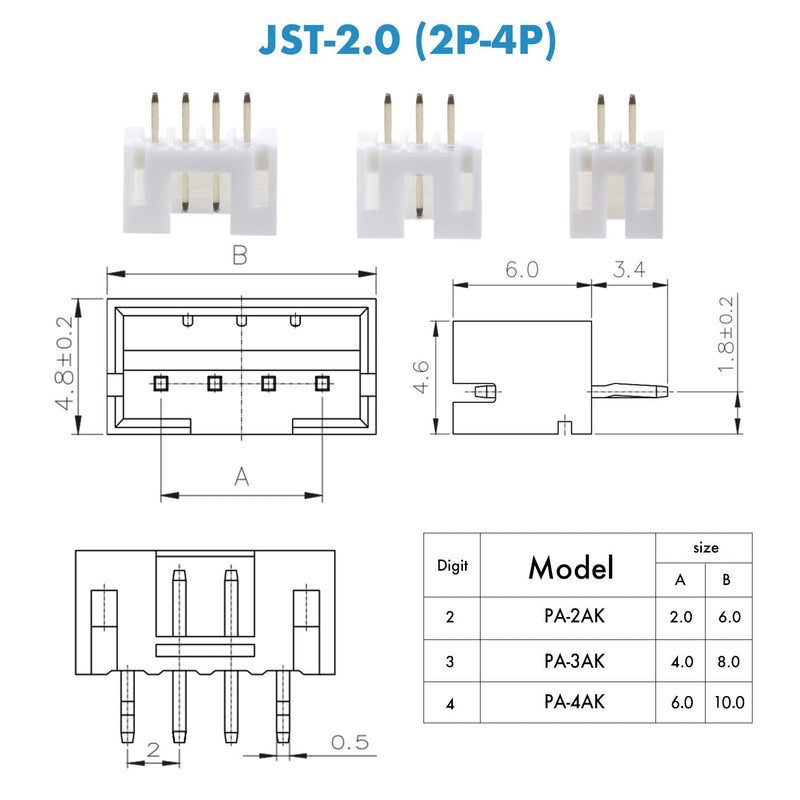 750 Pieces 2.0mm JST-PH JST Connector Kit. 2.0mm Pitch Female Pin Header, JST PH - 2/3 / 4 Pin Housing JST Adapter Cable Connector Socket Male and Female, Crimp DIP Kit. JST-PH2.0 PH 2P/3P/4P