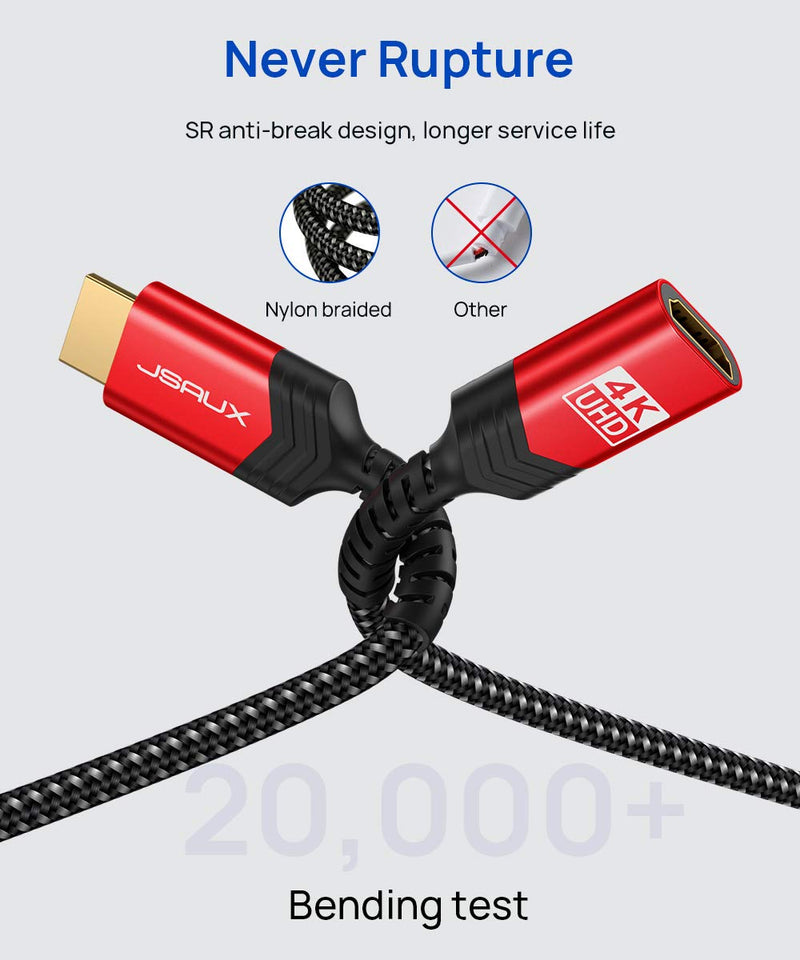 HDMI Extension Cable 10FT, JSAUX 4K 60Hz High Speed HDMI Extender Cord Male to Female Adapter Connector (HDR HDCP 2.2), Compatible with Roku TV Streaming Stick, Bluray Player, HDTV, Laptop, PC - Red