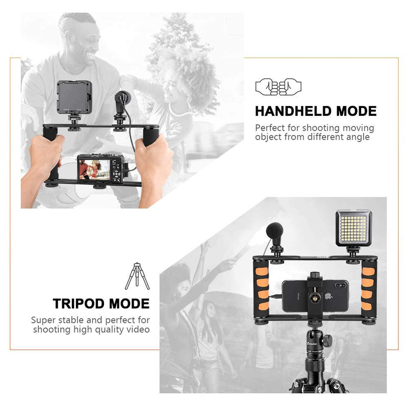 Zeadio Metal Tripod Video Rig, Handle Grip Stabilizer, Vlogging Filmmaking Recording Case, Fits for All iPhone and Android Smartphones Action Camera 2. Metal Version