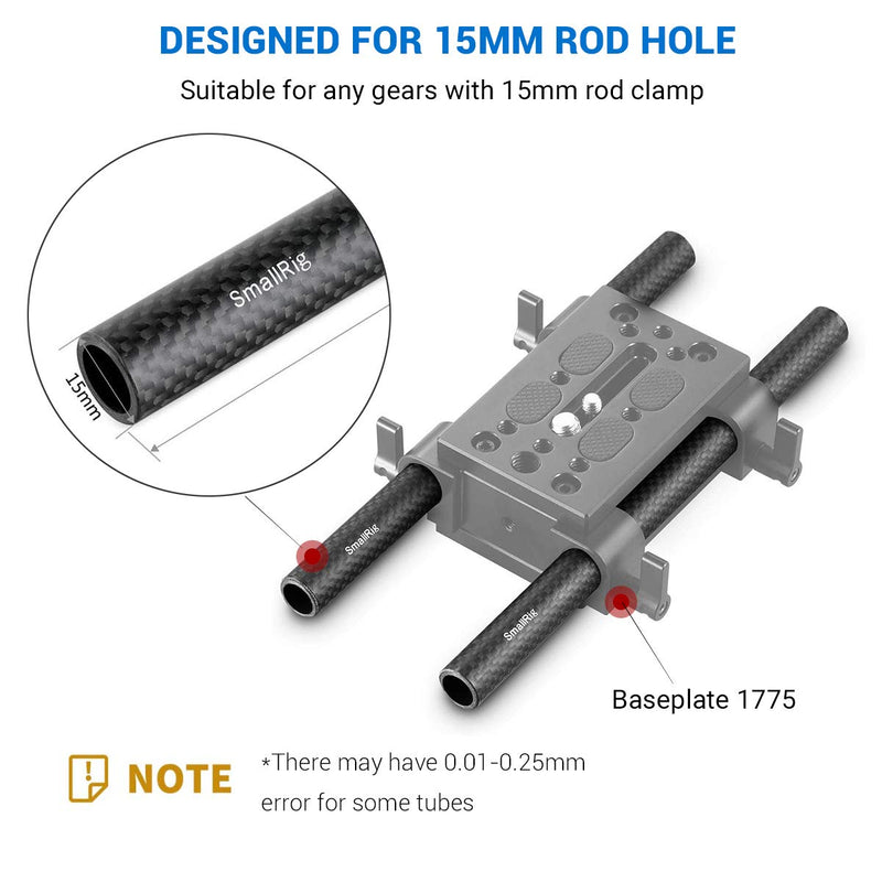 SMALLRIG 15mm Carbon Fiber Rod for 15mm Rod Support System (Non-Thread), 8 inches Long, Pack of 2 - 870 Carbon Fiber Rod - 8"