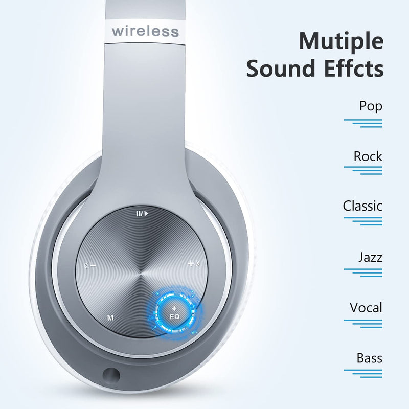Bluetooth Headphones Over-Ear, 60 Hours Playtime Foldable Lightweight Wireless Headphones Hi-Fi Stereo with 6 EQ Modes, Bass Adjustable Headset with Built-in HD Mic, FM, SD/TF for Cell Phone/PC/Home Silver