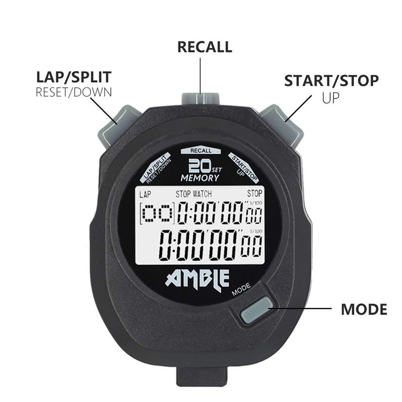 Amble Stopwatch, Countdown Timer and Stopwatch Record 20 Memories Lap Split Time with Tally Counter and Calendar Clock with Alarm for Sports Coaches and Referees