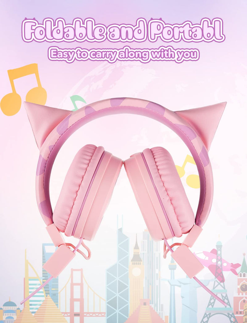 SIMJAR Cat Ear Kids Headphones with Microphone for School, Volume Limiter 85/94dB, Wired Girls Headphones with Foldable Design for Online Learning/Travel/Tablet/iPad (Pink) Pink