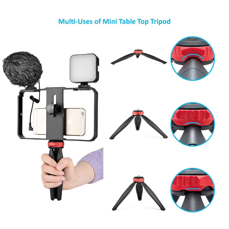 ANNSM Smartphone Mobile Phone VLOG Video Rig Cage Kit with Microphone, LED Light and Mini Table Top Tripod Lightweight Compatible with All Mobile Phones iPhone Samsung Andriod Size up to 6.6 inches Black+Red PC20-1 Video Rig Kit