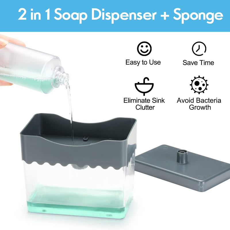 AmazeFan Soap Pump Dispenser and Sponge Holder, 2 in 1 One Hand Soap Pump and Sponge Caddy, Durable and Easy to Clean for Kitchen, Bathroom, Dishwashing, Taps, with 3 Sponges Soap Dispenser with 3 Pack Sponges