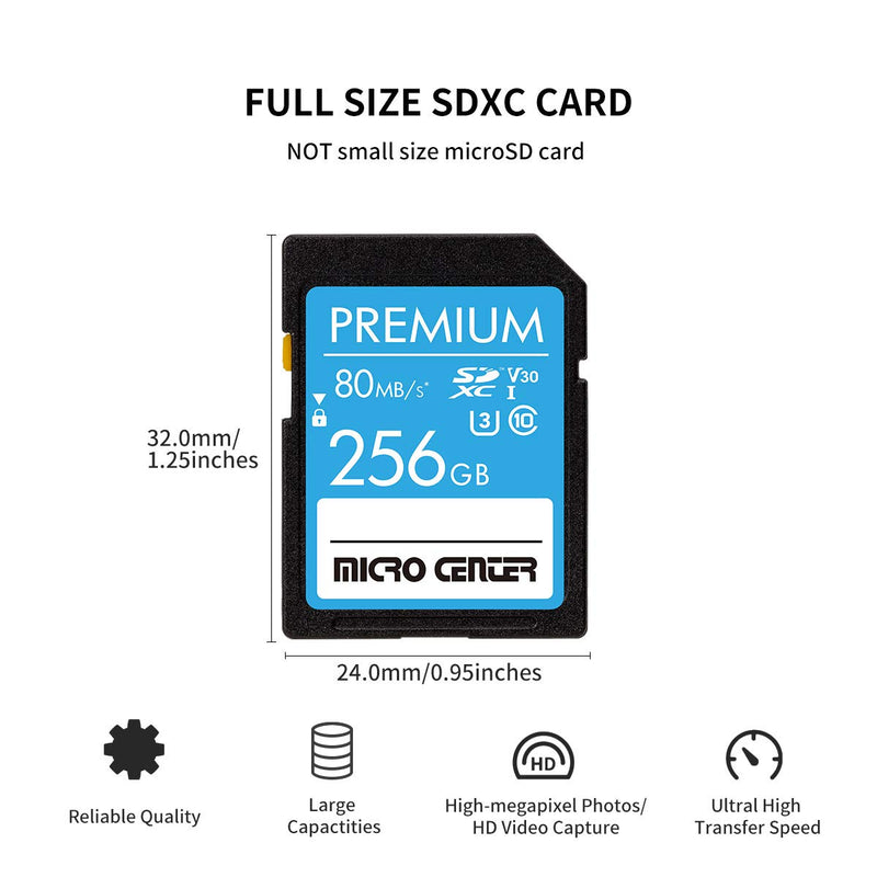 Premium 256GB SDXC Card by Micro Center, Class 10 SD Flash Memory Card UHS-I C10 U3 V30 4K UHD Video R/W Speed up to 80 MB/s for Cameras Computers Trail Cams (256GB)