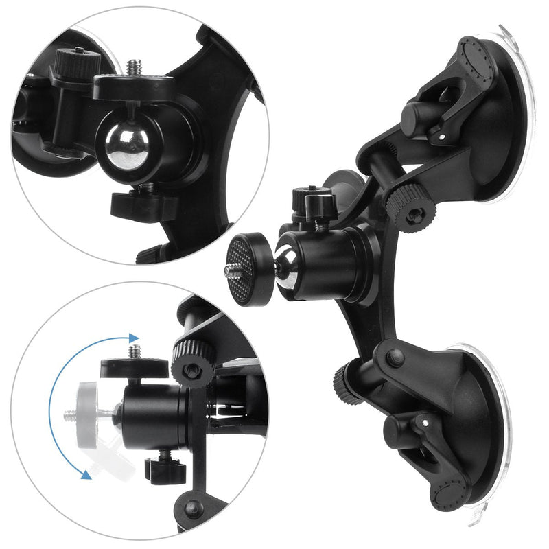 [AUSTRALIA] - Camera Mount for Car - Camera Suction Mount - Car Mount Triple Suction Cup Mount with 1/4 Threaded Head 360 Degree Tripod Ball Head Black B 