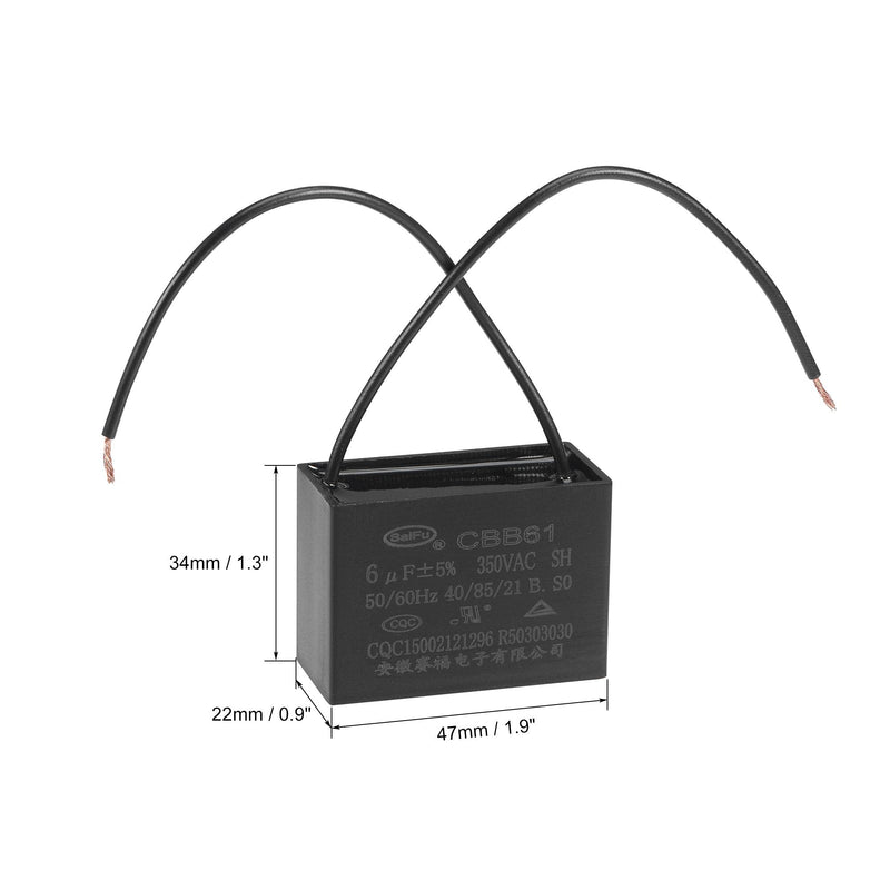 uxcell Ceiling Fan Capacitor CBB61 6uF 350V AC 2 Wires Metallized Polypropylene Film Capacitor 47x34x22mm for Electric Fan Pump Motor Generator 3Pcs