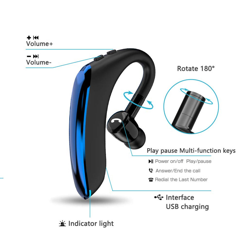 Bluetooth Headset V5.0 Wireless Bluetooth Earpiece 25 Hrs Talktime 230 Hours Standby Time, Fit Your Both Ear, Handsfree Headset with Noise Cancelling Mic, Compatible with iPhone and Android (Blue)