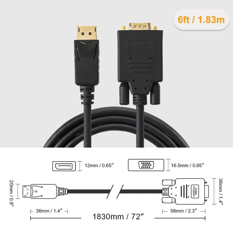 CableCreation Displayport to VGA Cable 6FT, Displayport to VGA Adapter Gold Plated 1080P@60Hz, Standard DP Male to VGA Male Cable, Compatible with Laptop, PC, TV, Projector, Black 6FT-1PACK ABS