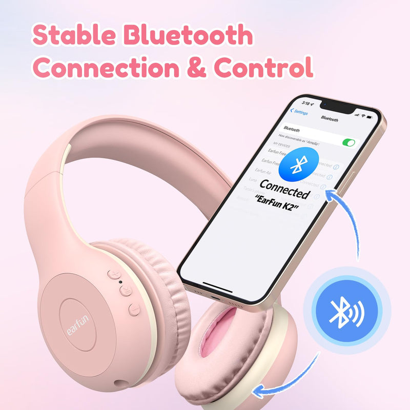 [AUSTRALIA] - Kids Bluetooth Headphones, EarFun K2 Kids Headphones with Volume Limited, 40H Playtime, Bluetooth 5.0 Headphones with Mic, Stereo Sound, Foldable Over-Ear Headphones for Kids/School/Travel/Tablet Pink 