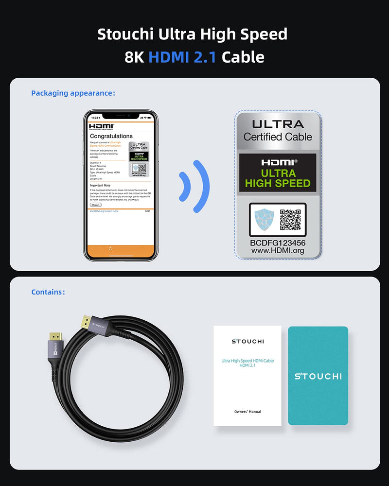 8K HDMI Cable 15FT/5M, Stouchi (Certified) 48Gbps Ultra High Speed Extra Long HDMI 2.1 Cord CL3 in-Wall Rated, 4K@120Hz 8K@60Hz eARC DTS:X HDCP 2.2&2.3 HDR10+ Compatible for PS5 SoundBar AVR UHD TV Grey 1