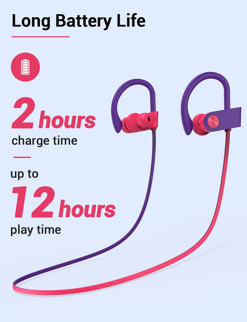 [AUSTRALIA] - Stiive Bluetooth Headphones, Wireless Sports Earbuds IPX7 Waterproof with Mic, Stereo Sweatproof in-Ear Earphones, Noise Cancelling Headsets for Gym Running Workout, 12 Hour Playtime - RedPurple 