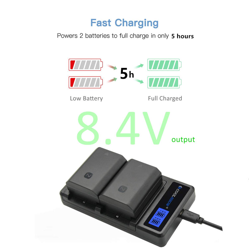 COOLSHOW NP-FZ100 Battery Replacement 2 Pack and FZ100 Battery Dual LCD Charger for Sony Alpha 9,A9,Alpha 9R,A9R,Alpha 9S, BC-QZ1,A7RIII,A7R3,a7 III,a7R IV Digital Camera