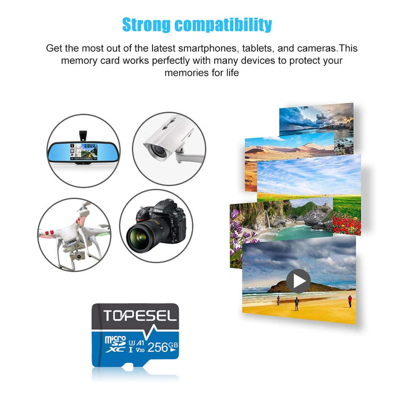 TOPESEL 256GB Micro SD Card Memory Cards A1 V30 U3 Class 10 Micro SDXC UHS-I TF Card for Camera/Drone/Dash Cam(1 Pack U3 256GB) 1PCS