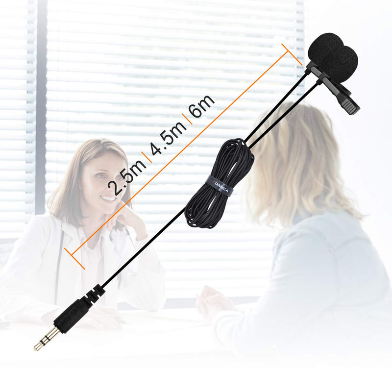 Comica CVM-D02 Dual Lavalier Microphones,Omnidirectional Condenser Hands-free Clip-on Lapel Mic with 3.5mm TRS Connector,Lav mic for Camera,DSLR,iPhone,Android,Huawei,Sony,PC, Laptop(Black)(4.5meters) 14.7ft Black