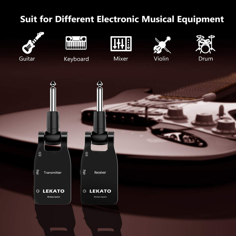 LEKATO 2.4 GHz Guitar Wireless System Built-in Rechargeable Lithium Battery Digital Wireless Guitar Transmitter Receiver for Electric Guitar Bass (Black) Black+Black