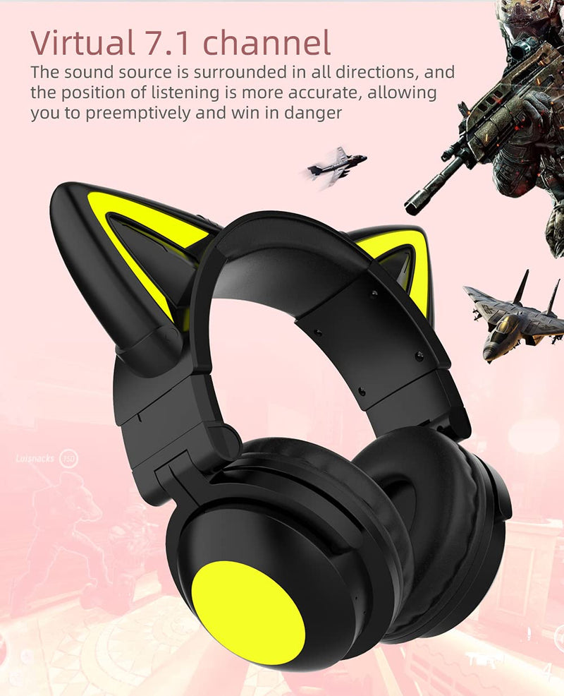 kuayang Wireless Cat Ear Headphones (7 Color Changing) with & 3.5mm Jack, Gaming Pro, Bluetooth&Wired Connection (Orange) Orange