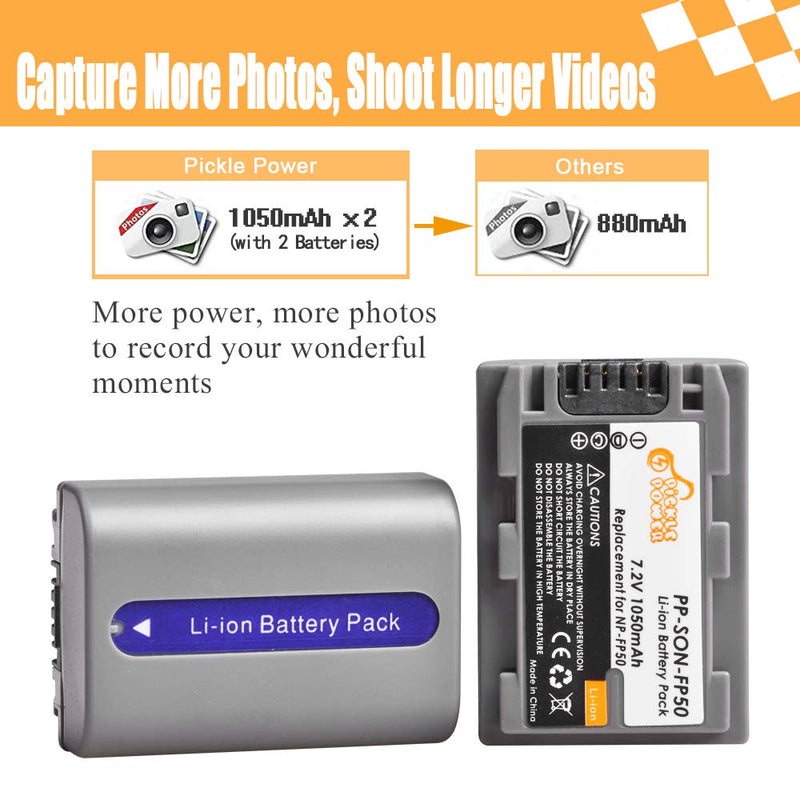 NP-FP50 NP-FP51 Pickle Power (x2) Batteries and Dual Slots USB Charger Compatible with Sony DVD HandyCam DCR-DVD105 DCR-DVD202E DCR-DVD92 DCR-SR100 DCR-HC18E Camcorders. (1050mAh, 7.2V)