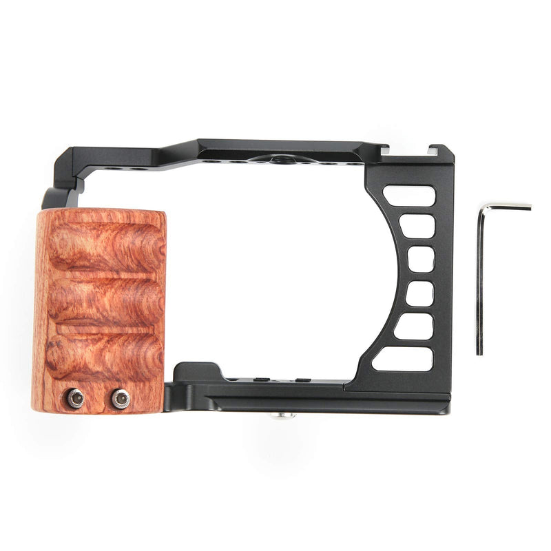 Vlog Camera Cage for Sony A7C, Camera Video Stabilizer Shooting Cage Kit with Wooden Handle Grip, with 1/4in & 3/8in Screw Hole and Cold Shoe Mount