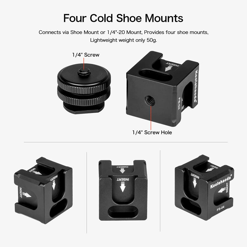 koolehaoda Aluminium Cold Shoe Mount Adapter Video Accessory Quadruple Cold Shoe Bracket for Lights, LED Monitors, Microphones, Audio Recorder & Studio Flash Video Camera FR-04 Hot Shoe