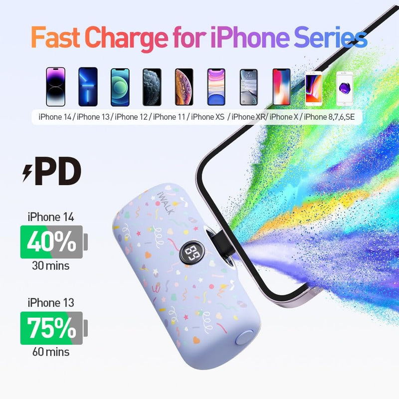 iWALK LinkPod Pattern Small Portable Charger 4800mAh, Colorful Mini Power Bank PD Fast Charging Cute Battery Pack with LED Display Compatible with iPhone 14/14 Pro Max/13/12/11 Series/X/8/7/6 Ribbon