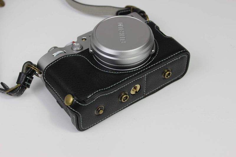 [AUSTRALIA] - X100V Case, BolinUS Real Genuine Handmade Leather Fullbody Camera Case Bag Cover for Fujifilm Fuji X100V Bottom Opening Version + Neck Strap + Mini Storage Bag (Black) Black 