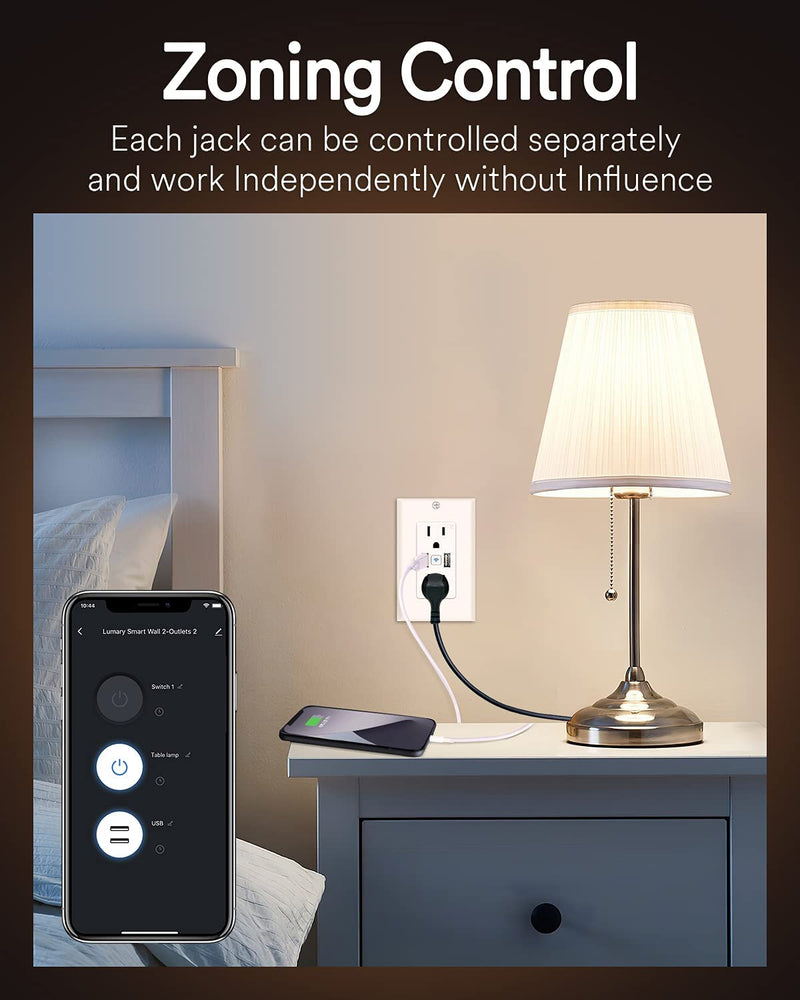Lumary Smart WiFi In-Wall Outlet 15 Amp Tamper Resistant Split Duplex Receptacle - 2 Plugs, Compatible with Alexa, Google Home (No Hub required) 1-pack